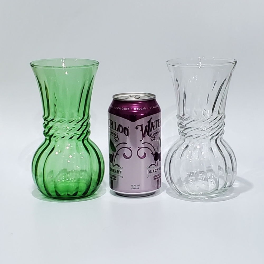 (2) Vntg 6 1/2" Clear & Green Optic Swirl Vases by Anchor Hocking